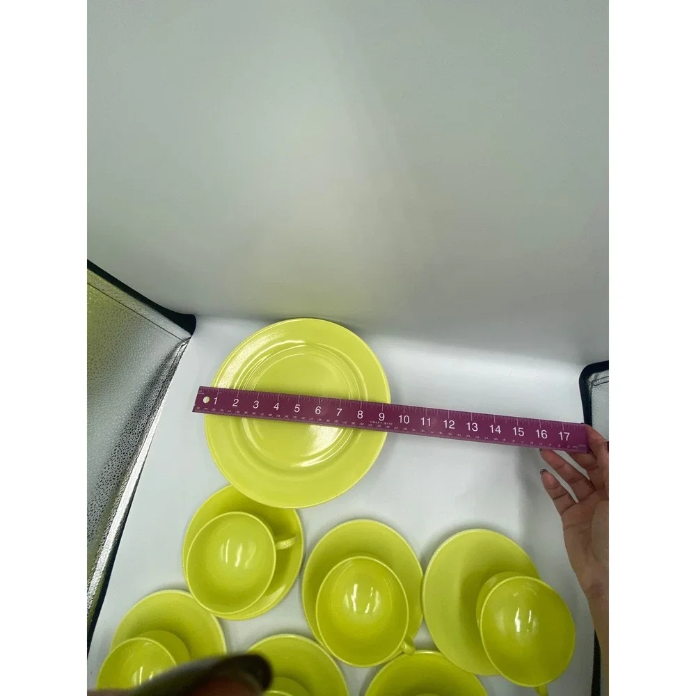 Hazel Atlas Ovide Platonite Neon Yellow Tea Cup + Saucer Set w‎ Plates Set of 6